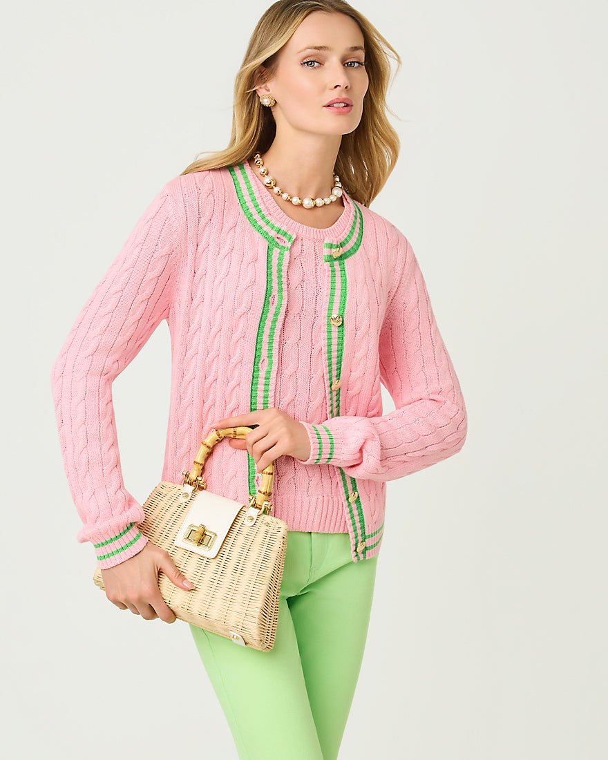 Lilly Pulitzer - Brockton Crew Neck Cardigan - Conch Shell Pink X Jackfruit Green Tipping