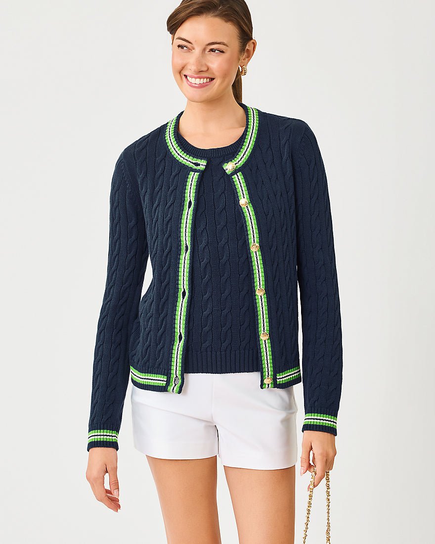 Lilly Pulitzer - Brockton Crew Neck Cardigan - Low Tide Navy X Chateau Green Tipping