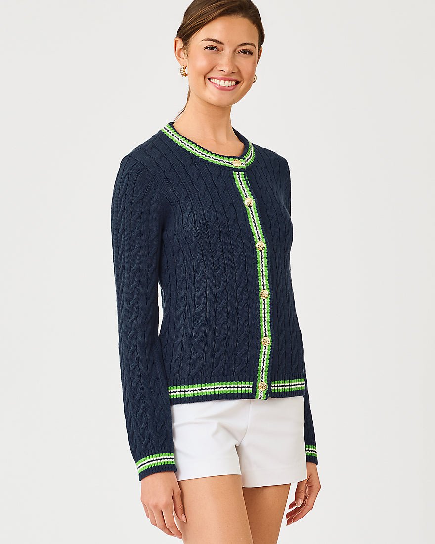 Lilly Pulitzer - Brockton Crew Neck Cardigan - Low Tide Navy X Chateau Green Tipping