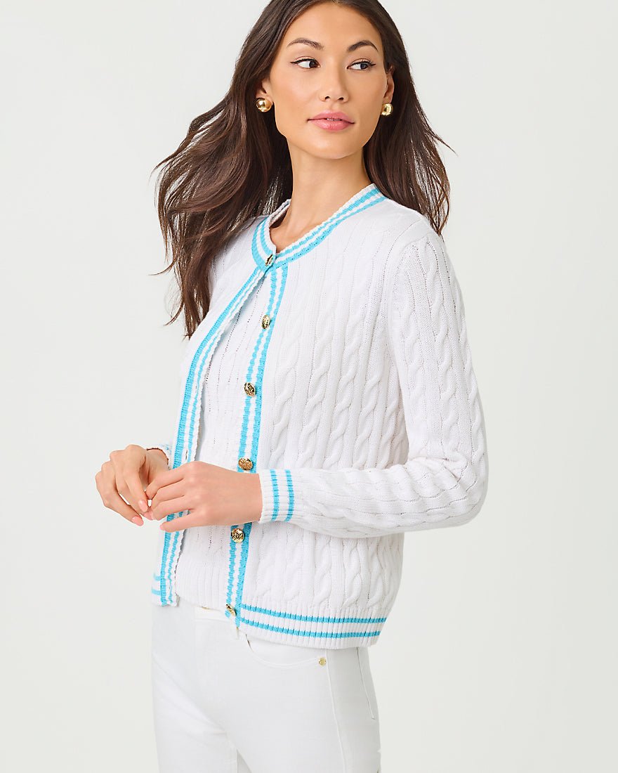 Lilly Pulitzer - Brockton Crew Neck Cardigan - Resort White X Capri Blue Tipping