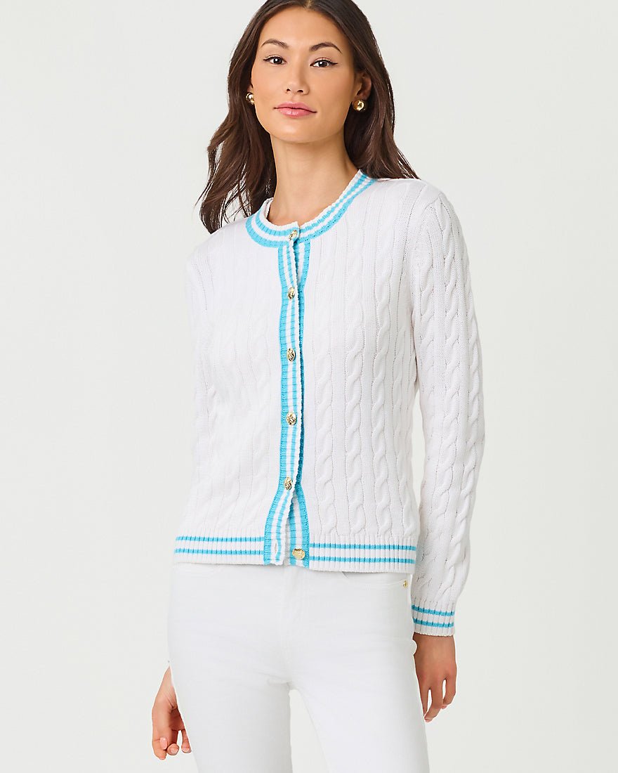 Lilly Pulitzer - Brockton Crew Neck Cardigan - Resort White X Capri Blue Tipping