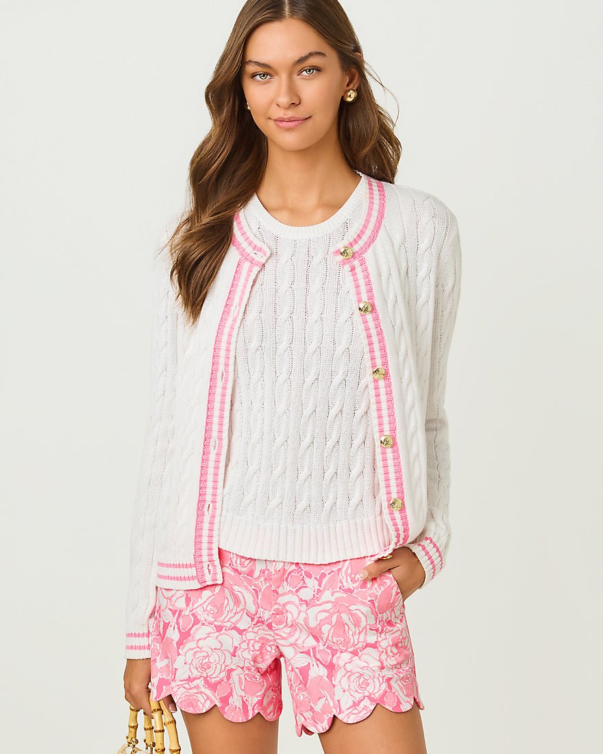 Lilly Pulitzer - Brockton Crew Neck Cardigan - Resort White X Conch Shell Pink Tipping