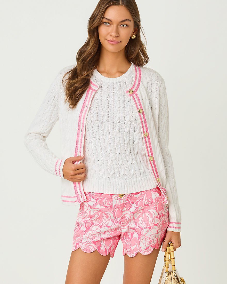 Lilly Pulitzer - Brockton Crew Neck Cardigan - Resort White X Conch Shell Pink Tipping