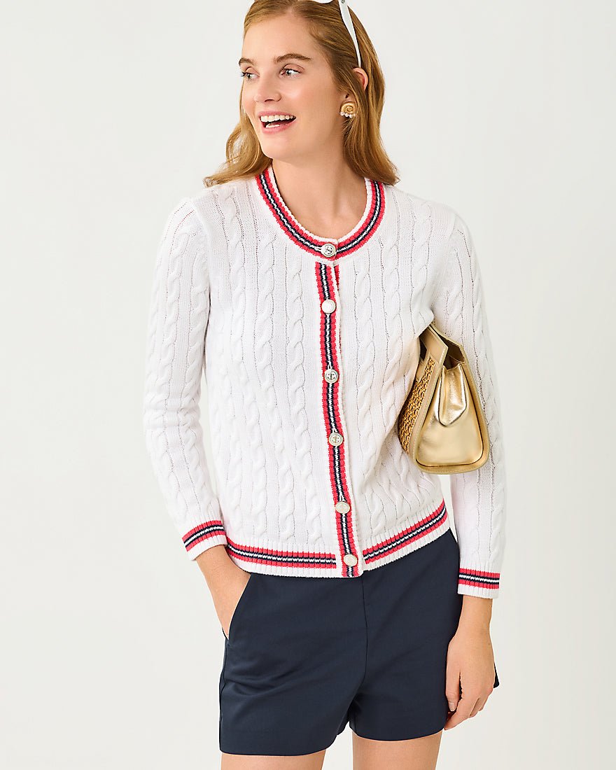 Lilly Pulitzer - Brockton Crew Neck Cardigan - Resort White X Paradise Punch Tipping