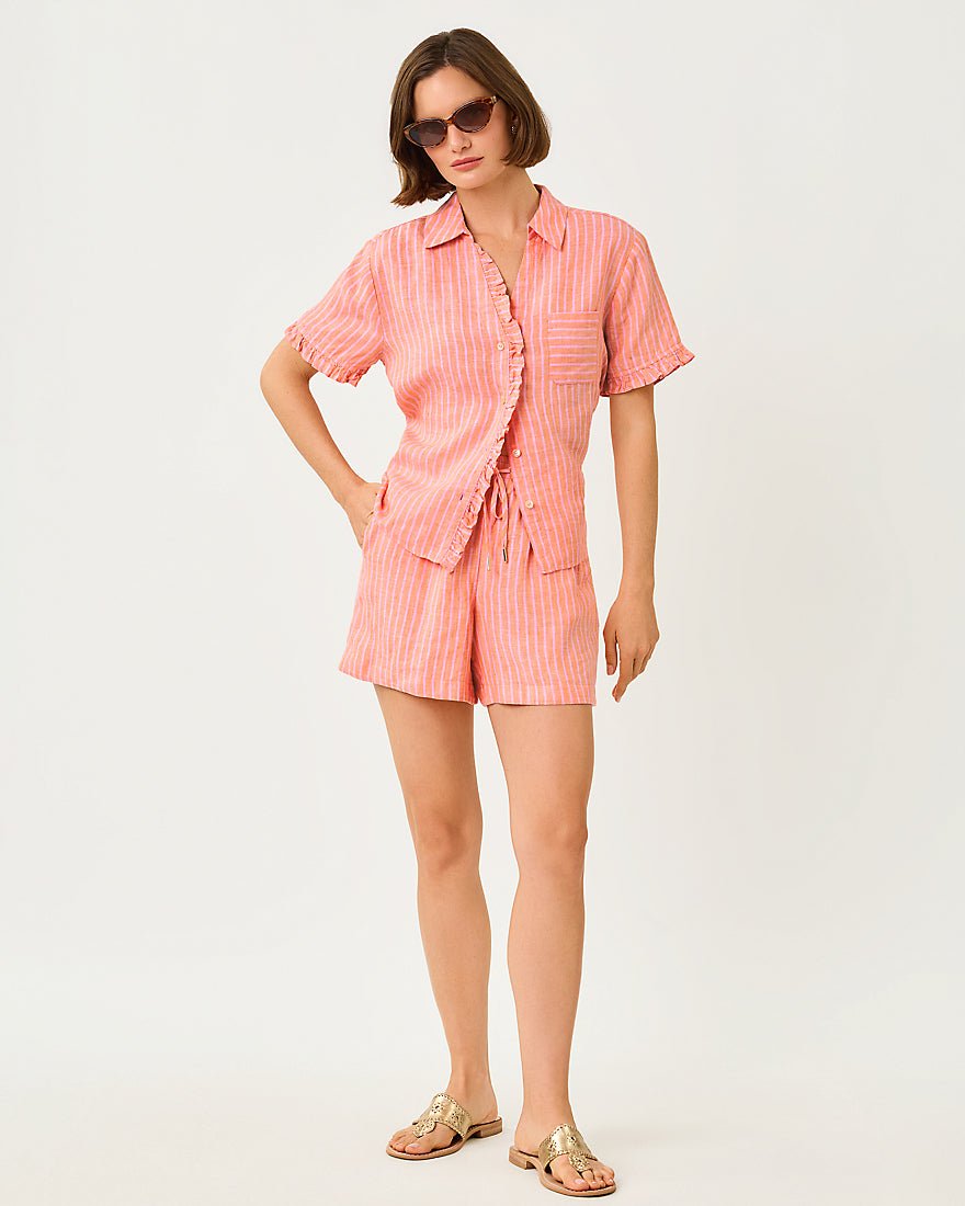 Lilly Pulitzer - Carden Ruffle Top - Sunset Orange X Conch Shell Pink Saint Tropez Stripe