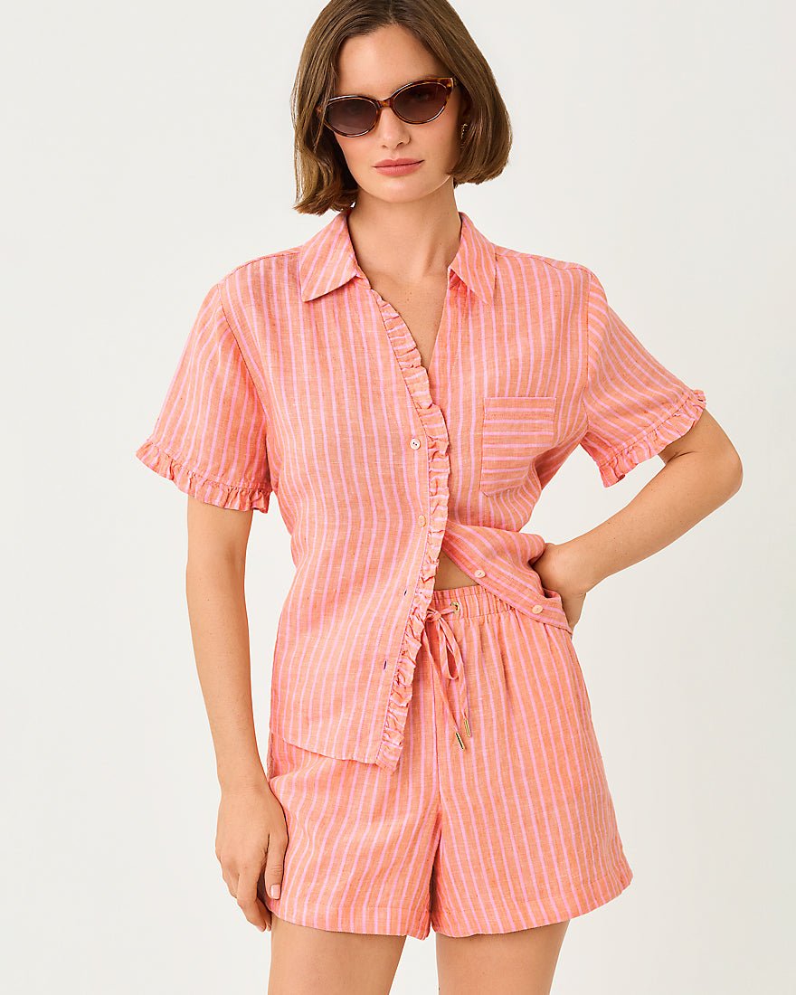 Lilly Pulitzer - Carden Ruffle Top - Sunset Orange X Conch Shell Pink Saint Tropez Stripe