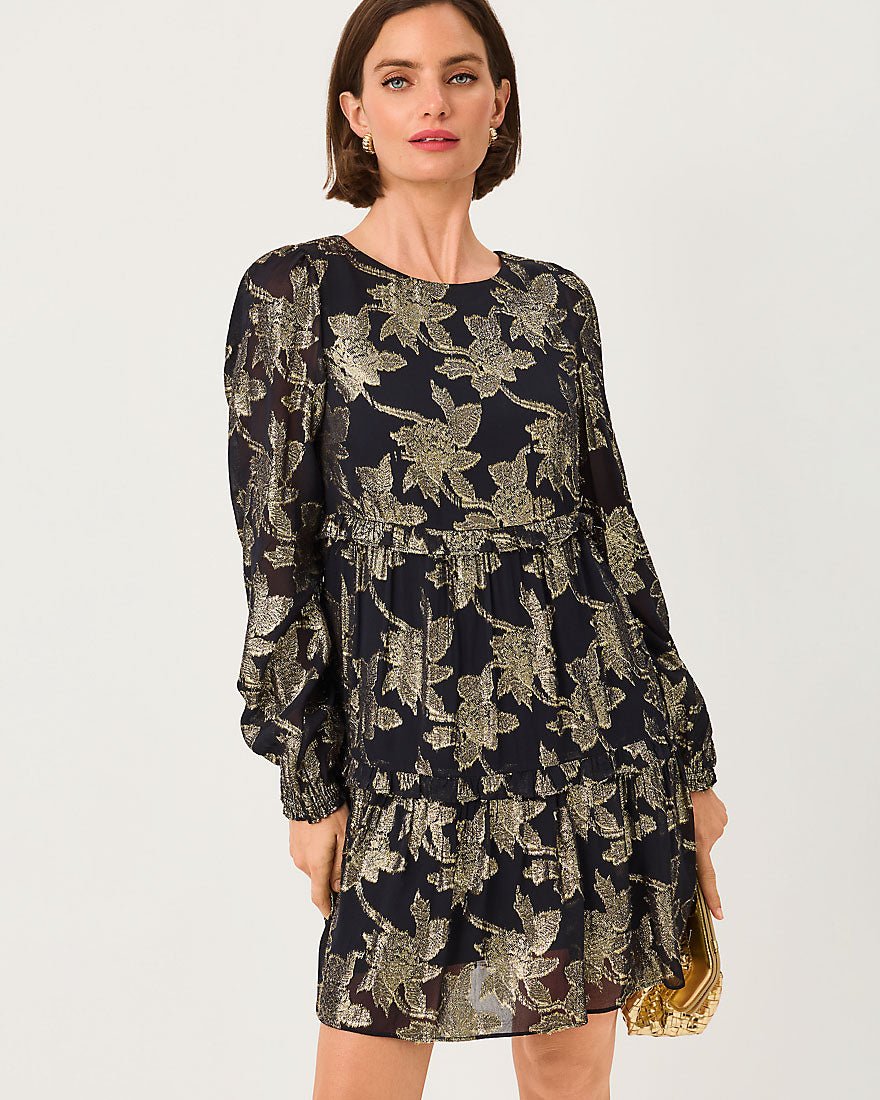 Lilly Pulitzer - Cecile Dress - Noir Falling Floral Viscose Metallic Clip