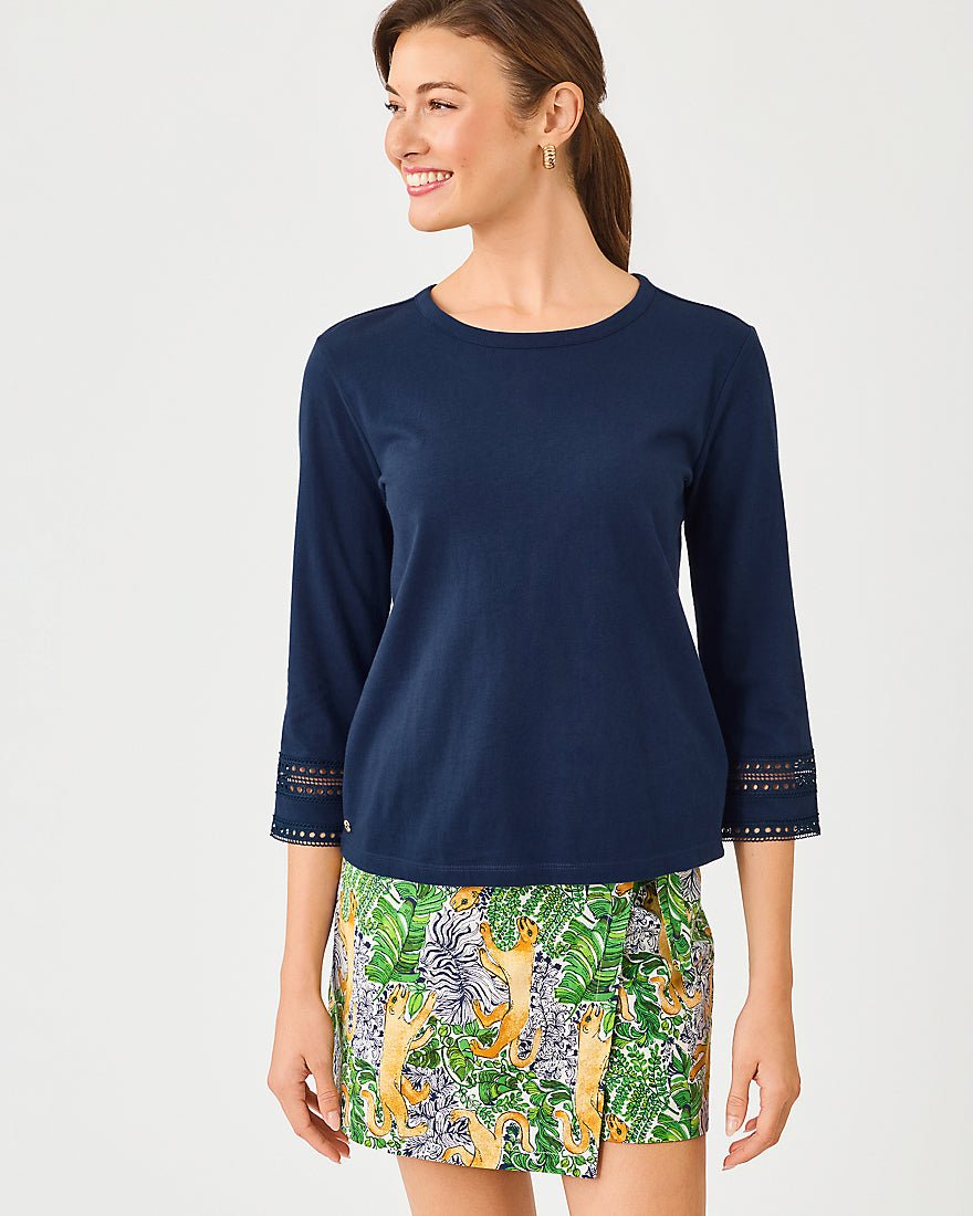 Lilly Pulitzer - Clairmont Three Quarter Sleeved Trimmed Knit Top - Low Tide Navy