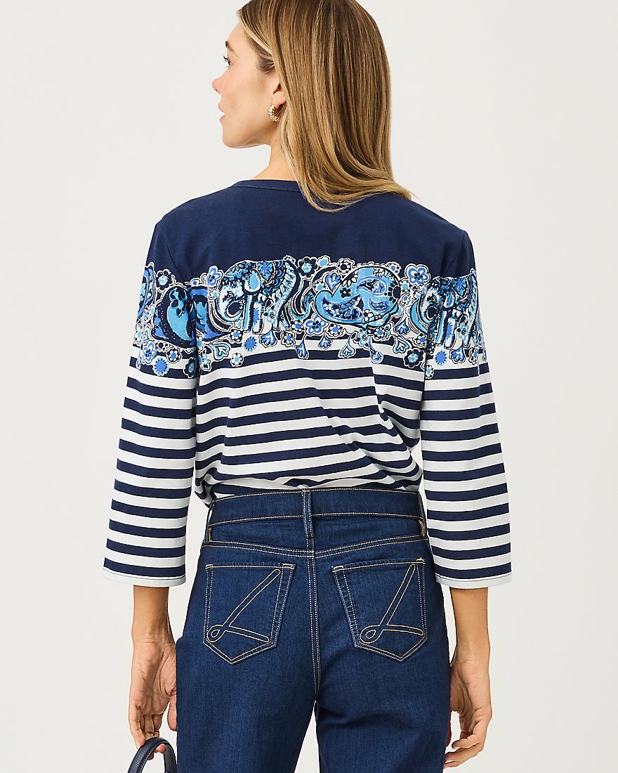 Lilly Pulitzer - Clairmont Three Quarter Sleeved Trimmed Knit Top - Low Tide Navy The Casbah Engineered Stripe