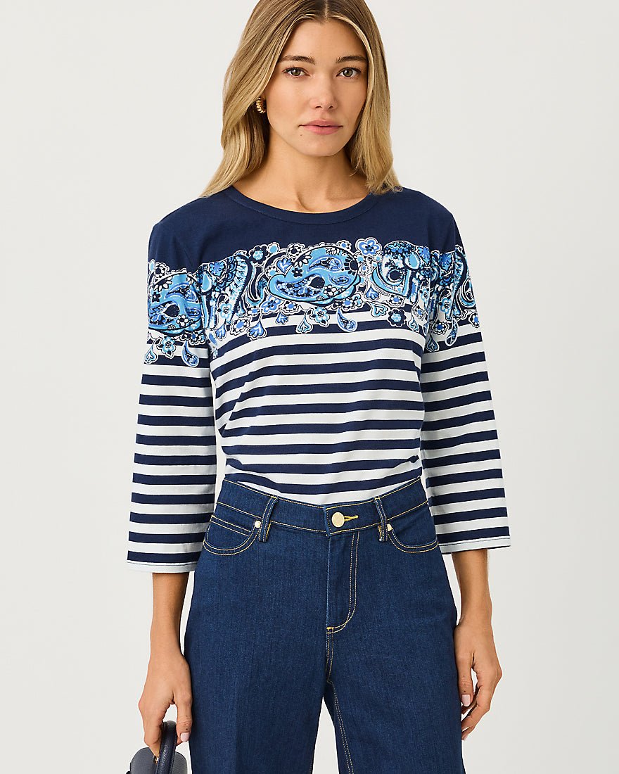 Lilly Pulitzer - Clairmont Three Quarter Sleeved Trimmed Knit Top - Low Tide Navy The Casbah Engineered Stripe