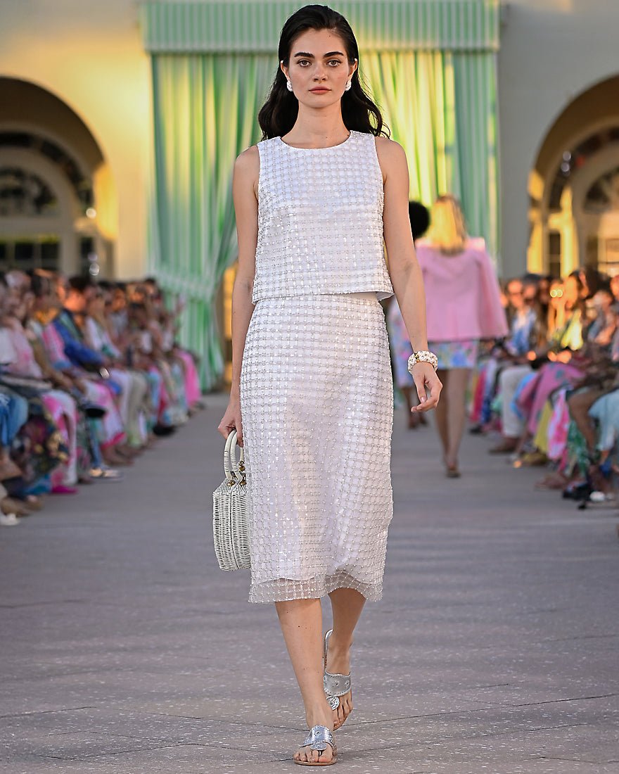 Lilly Pulitzer - Cordae Midi Skirt - Iridescent Metallic Pearl Grid Mesh