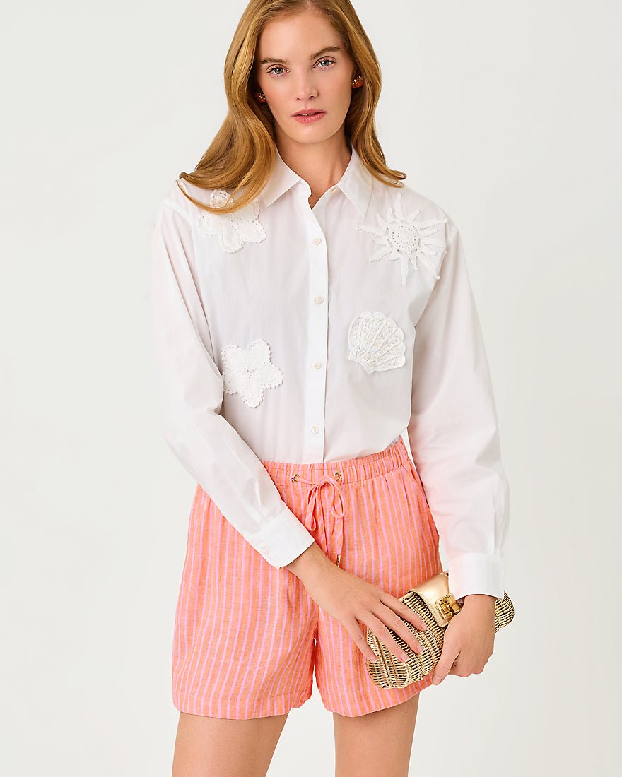 Lilly Pulitzer - Croix Linen Short - Sunset Orange X Conch Shell Pink Saint Tropez Stripe
