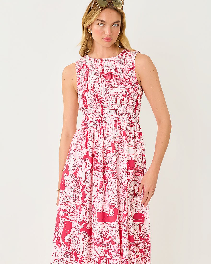 Lilly Pulitzer - Daisey Smocked Midi Dress - Paradise Punch Thar She Blows