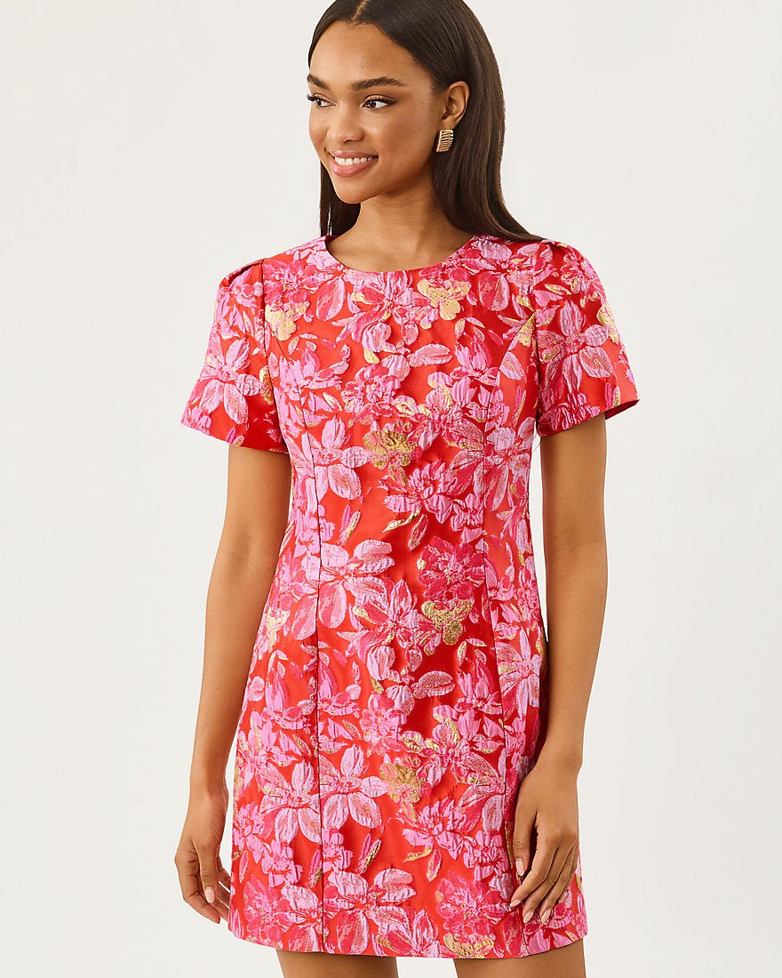 Lilly Pulitzer - Dover Short Sleeve Shift Dress - Brunch Punch Juicy Story Brocade