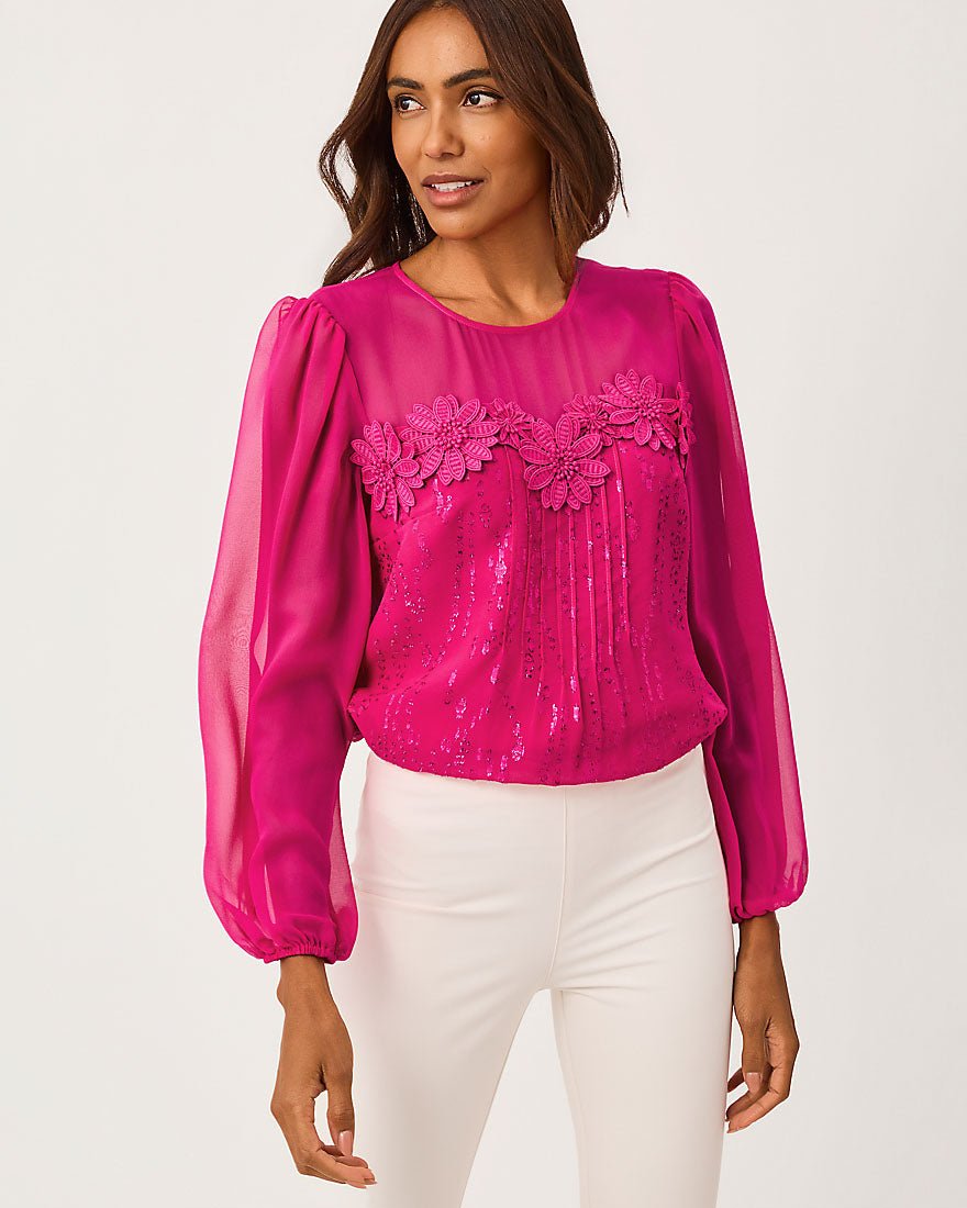 Lilly Pulitzer - Gail Silk Top - Berry Bouquet Fish Clip Chiffon