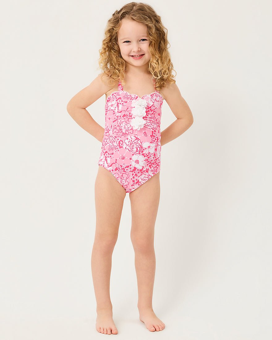 Lilly Pulitzer - Girls Maddie Flower Swimsuit - Conch Shell Pink Burst Of Joy