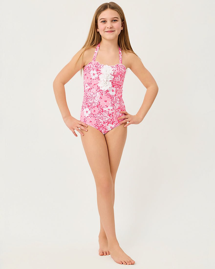 Lilly Pulitzer - Girls Maddie Flower Swimsuit - Conch Shell Pink Burst Of Joy