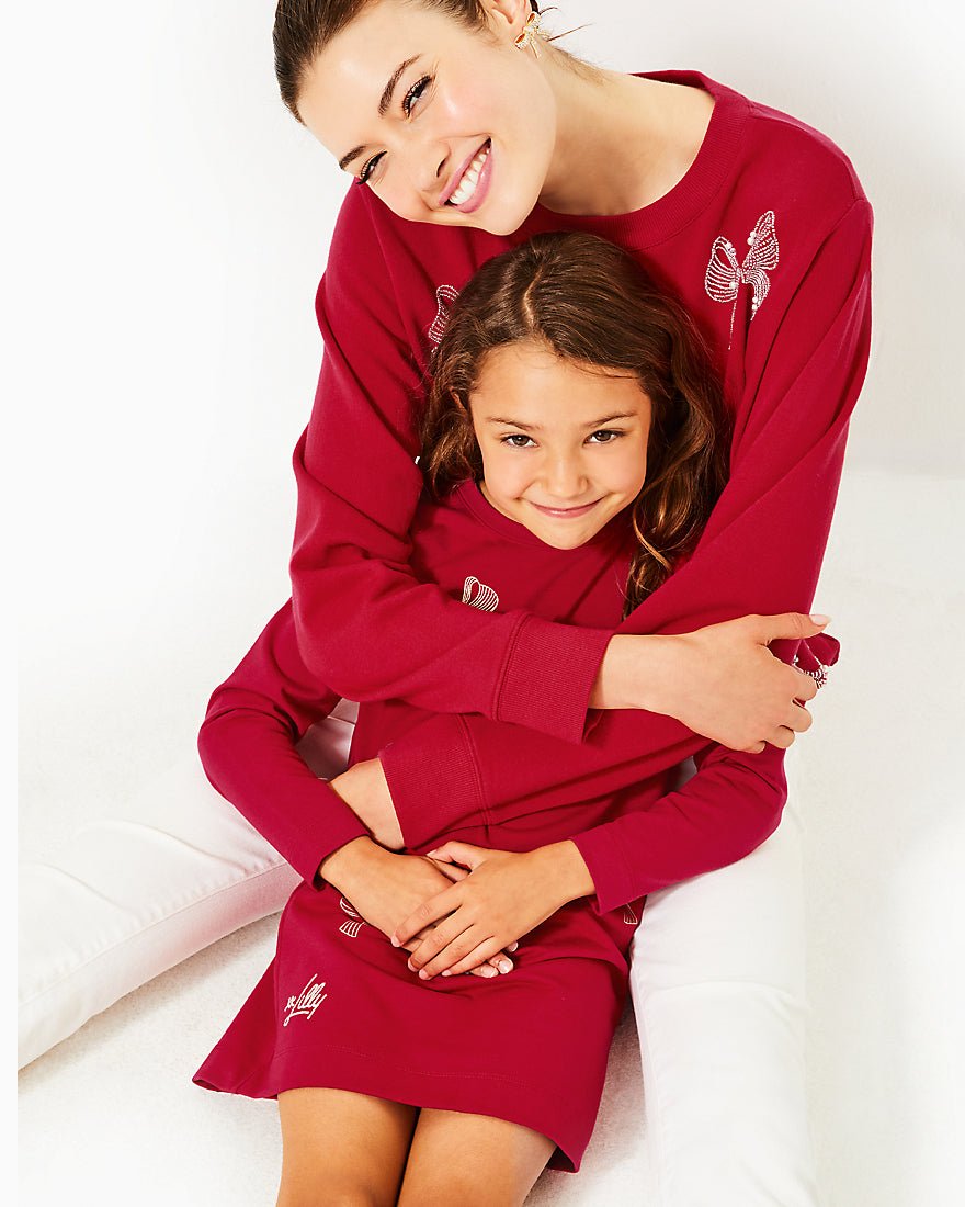 Lilly Pulitzer - Girls Mini Ballad Sweatshirt Dress - Malbec Red Bow Embellishment