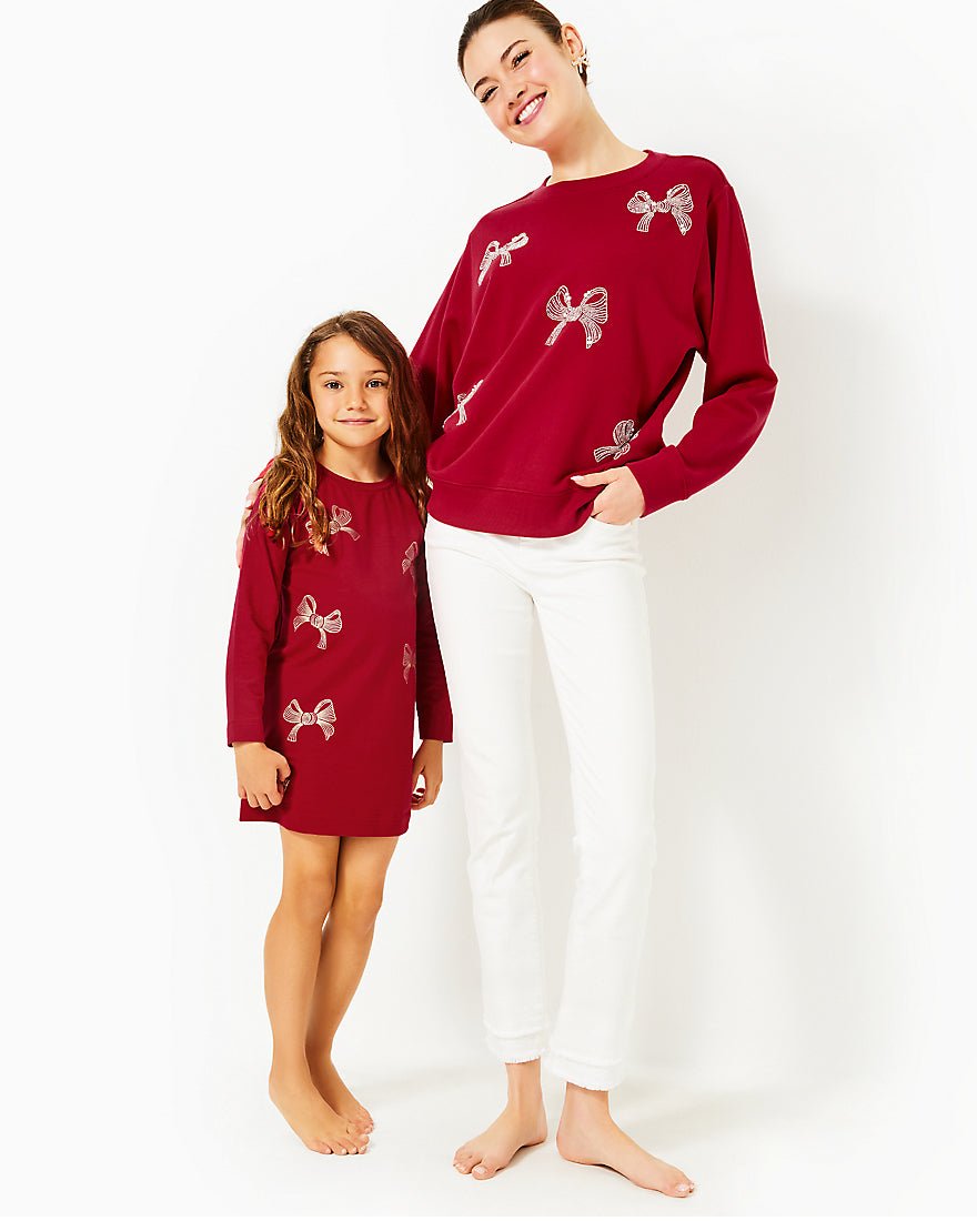 Lilly Pulitzer - Girls Mini Ballad Sweatshirt Dress - Malbec Red Bow Embellishment