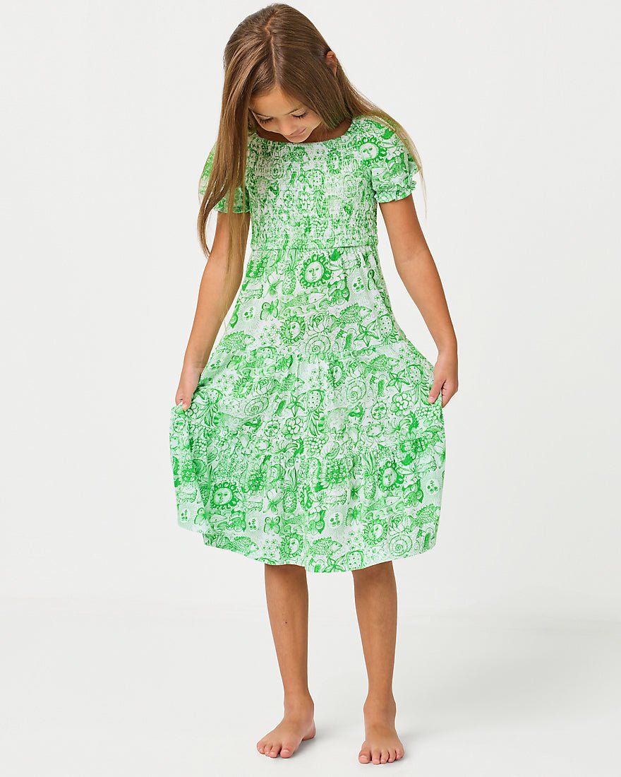 Lilly Pulitzer - Girls Mini Jilly Sleeved Midi Dress - Putting Green Lil Fleur De Lilly