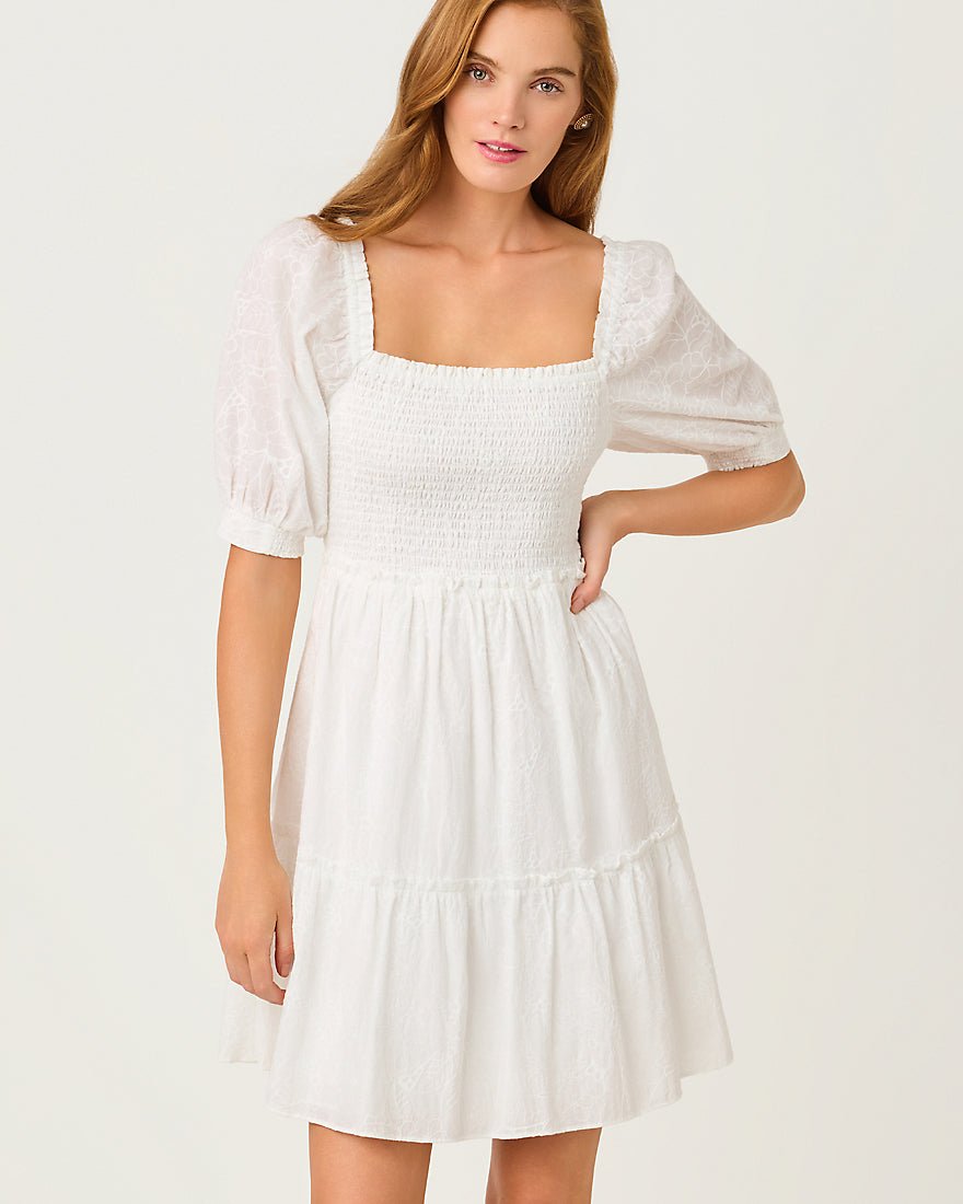 Lilly Pulitzer - Hadly Short Sleeve Smocked Dress - Resort White Sunshowers Embroidery