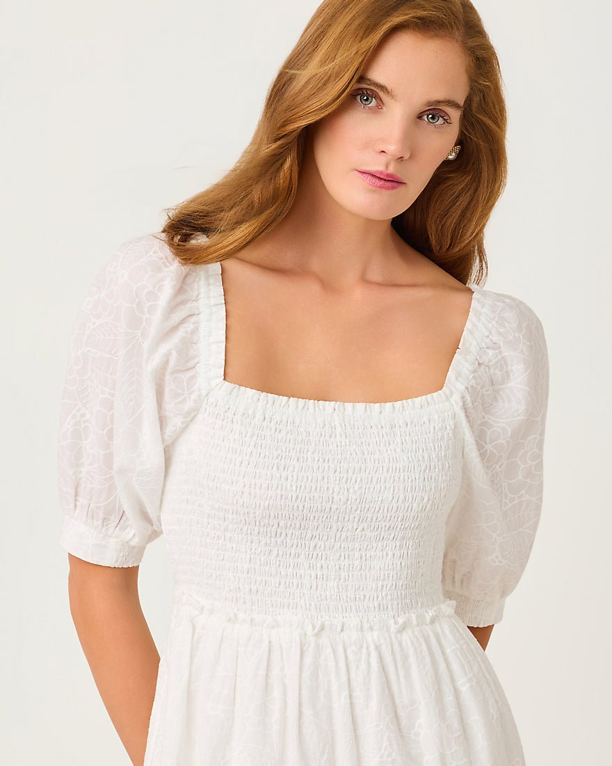 Lilly Pulitzer - Hadly Short Sleeve Smocked Dress - Resort White Sunshowers Embroidery