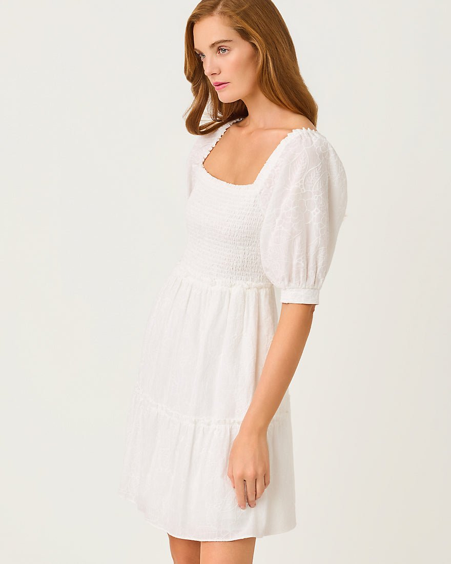 Lilly Pulitzer - Hadly Short Sleeve Smocked Dress - Resort White Sunshowers Embroidery