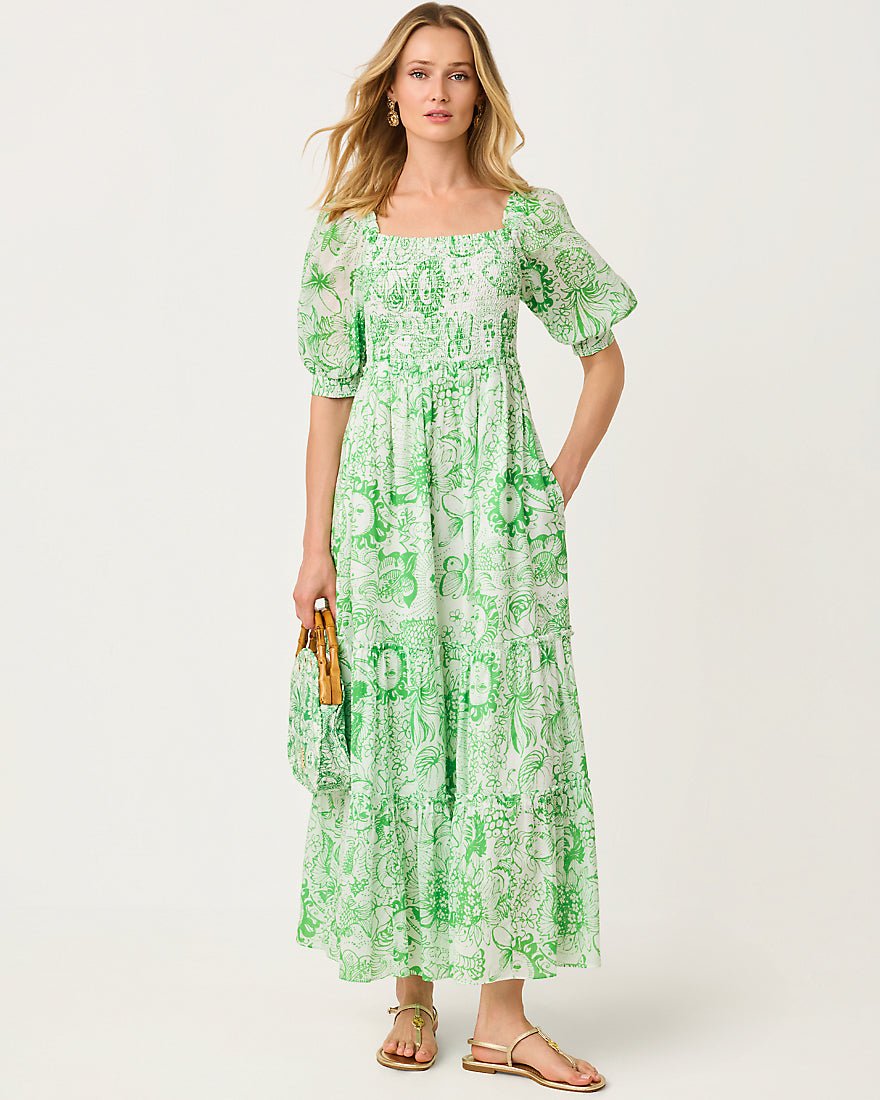 Lilly Pulitzer - Hadly Short Sleeve Smocked Maxi Dress - Putting Green Fleur De Lilly