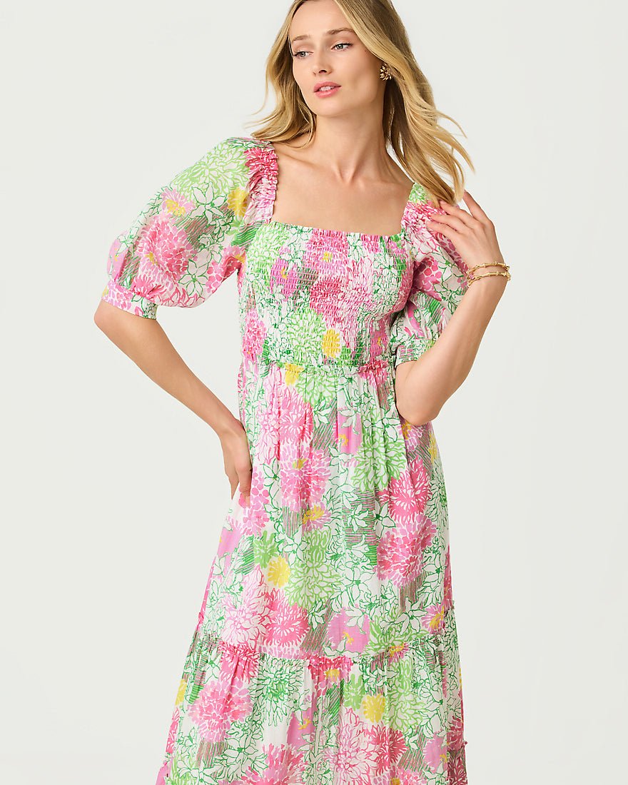 Lilly Pulitzer - Hadly Short Sleeve Smocked Maxi Dress - Resort White Mum Patch