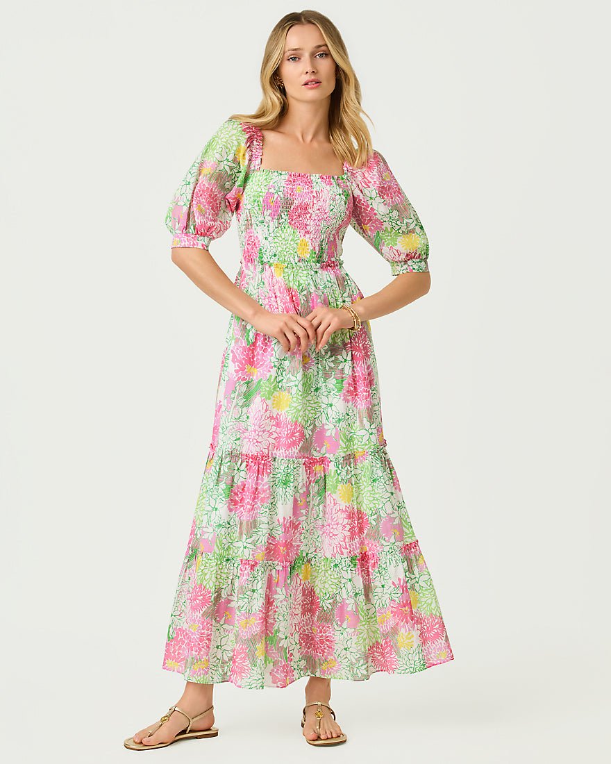 Lilly Pulitzer - Hadly Short Sleeve Smocked Maxi Dress - Resort White Mum Patch