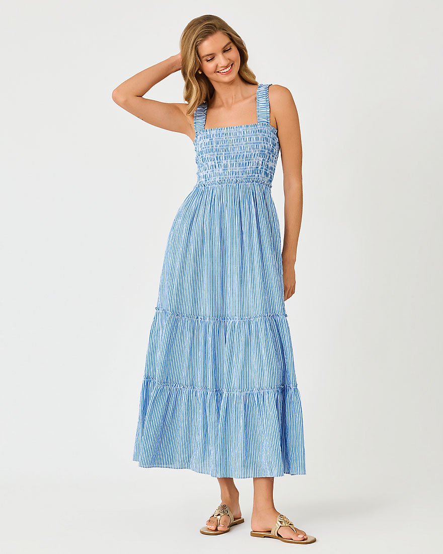 Lilly Pulitzer - Hadly Smocked Maxi Dress - Blue Flare Ltwt Oxford Stripe