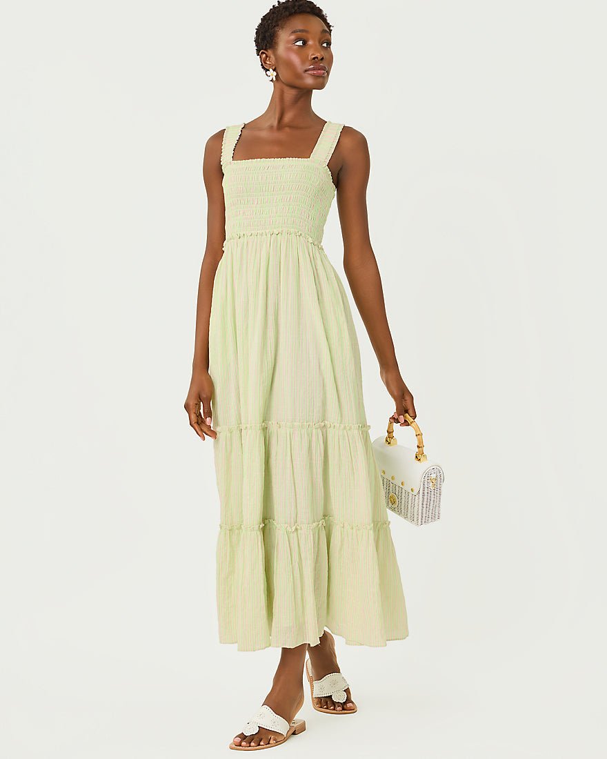 Lilly Pulitzer - Hadly Smocked Maxi Dress - Pistachio Macaron X Conch Shell Pink Ltwt Oxford Stripe