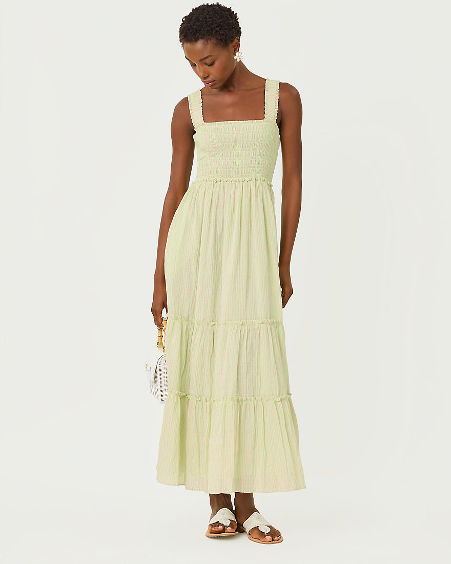 Lilly Pulitzer - Hadly Smocked Maxi Dress - Pistachio Macaron X Conch Shell Pink Ltwt Oxford Stripe