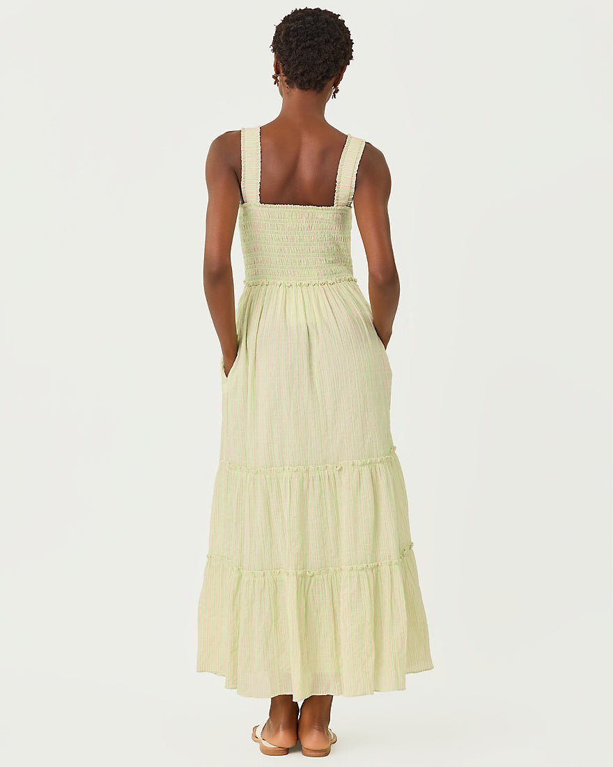 Lilly Pulitzer - Hadly Smocked Maxi Dress - Pistachio Macaron X Conch Shell Pink Ltwt Oxford Stripe