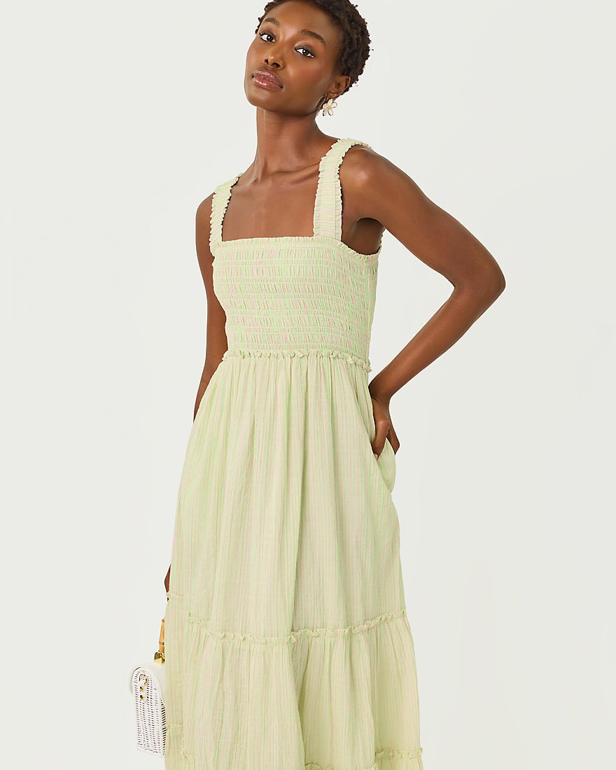 Lilly Pulitzer - Hadly Smocked Maxi Dress - Pistachio Macaron X Conch Shell Pink Ltwt Oxford Stripe