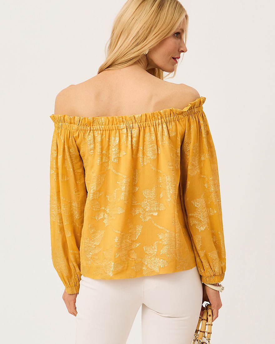 Lilly Pulitzer - Kalinda Off The Shoulder Top - Topaz Yellow Falling Floral Viscose Metallic Clip