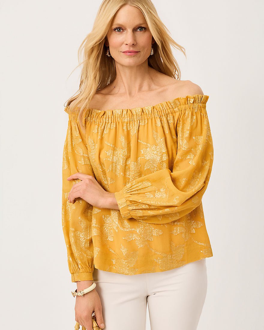 Lilly Pulitzer - Kalinda Off The Shoulder Top - Topaz Yellow Falling Floral Viscose Metallic Clip