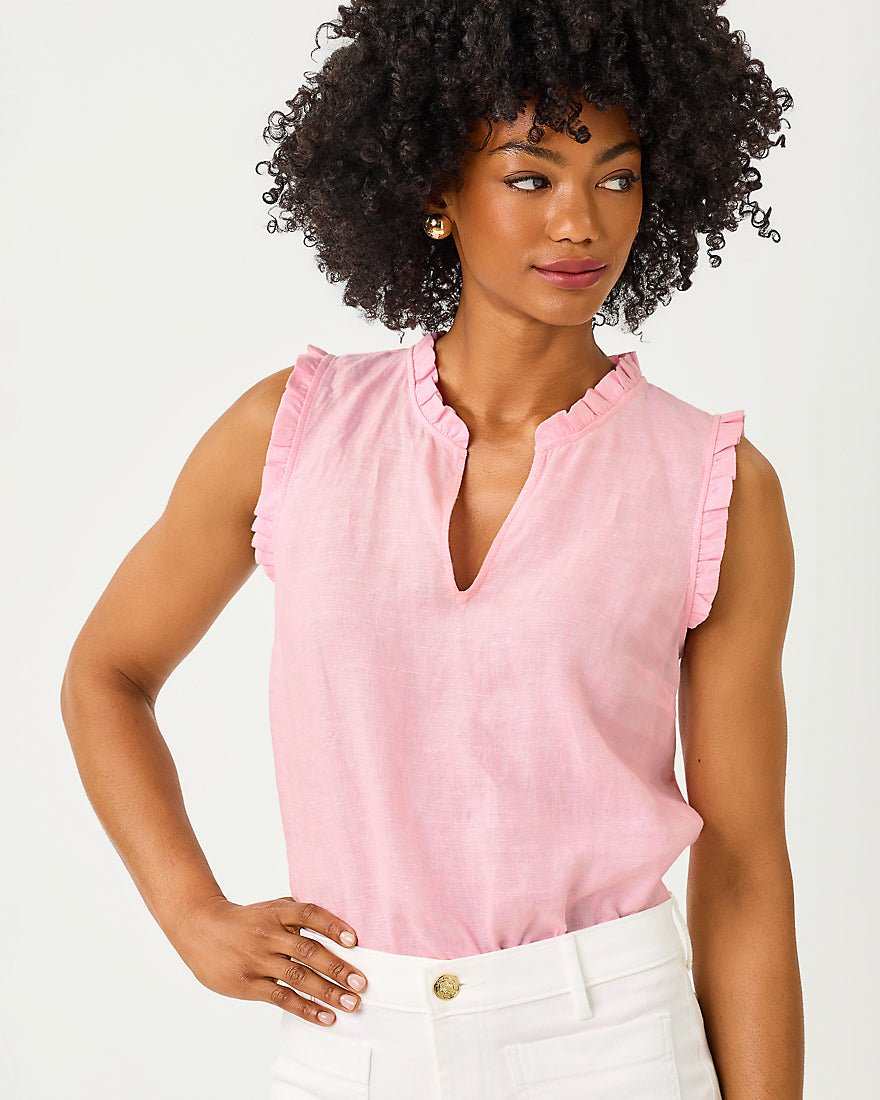 Lilly Pulitzer - Kavalla Sleeveless Ruffle Top - Conch Shell Pink X Resort White
