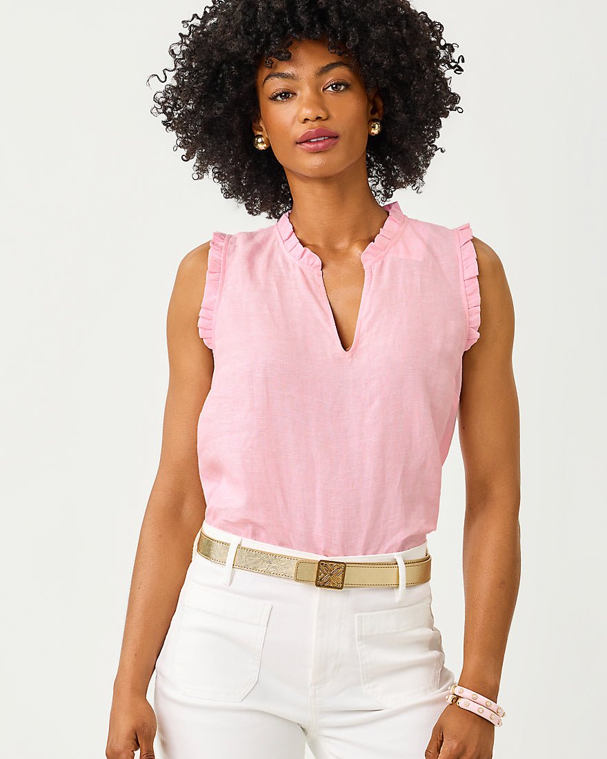 Lilly Pulitzer - Kavalla Sleeveless Ruffle Top - Conch Shell Pink X Resort White