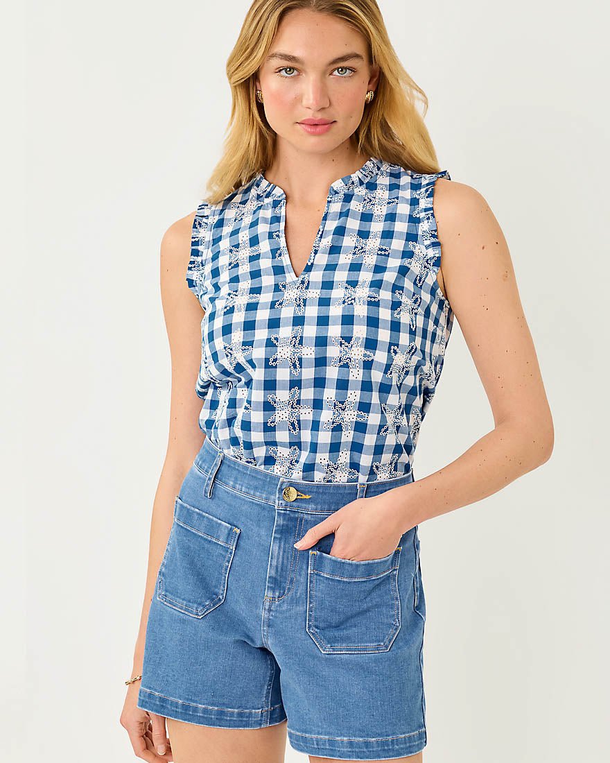 Lilly Pulitzer - Kavalla Sleeveless Ruffle Top - Starlight Navy Starfishing Embroidered Gingham