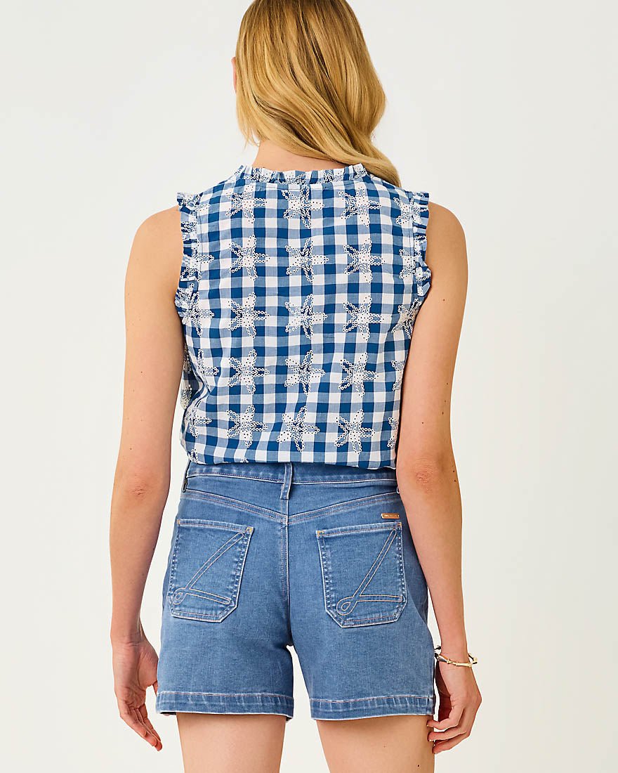 Lilly Pulitzer - Kavalla Sleeveless Ruffle Top - Starlight Navy Starfishing Embroidered Gingham