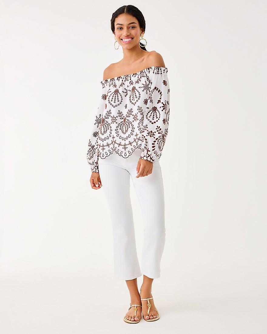 Lilly Pulitzer - Ketsia Eyelet Off The Shoulder Top - French Roast Engineered Medallion Eyelet