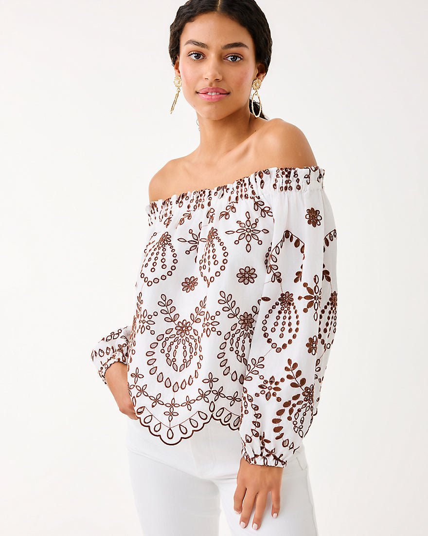 Lilly Pulitzer - Ketsia Eyelet Off The Shoulder Top - French Roast Engineered Medallion Eyelet