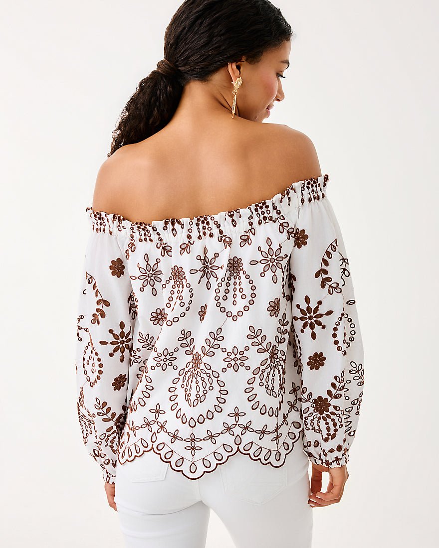 Lilly Pulitzer - Ketsia Eyelet Off The Shoulder Top - French Roast Engineered Medallion Eyelet