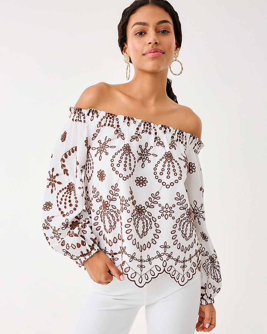 Lilly Pulitzer - Ketsia Eyelet Off The Shoulder Top - French Roast Engineered Medallion Eyelet