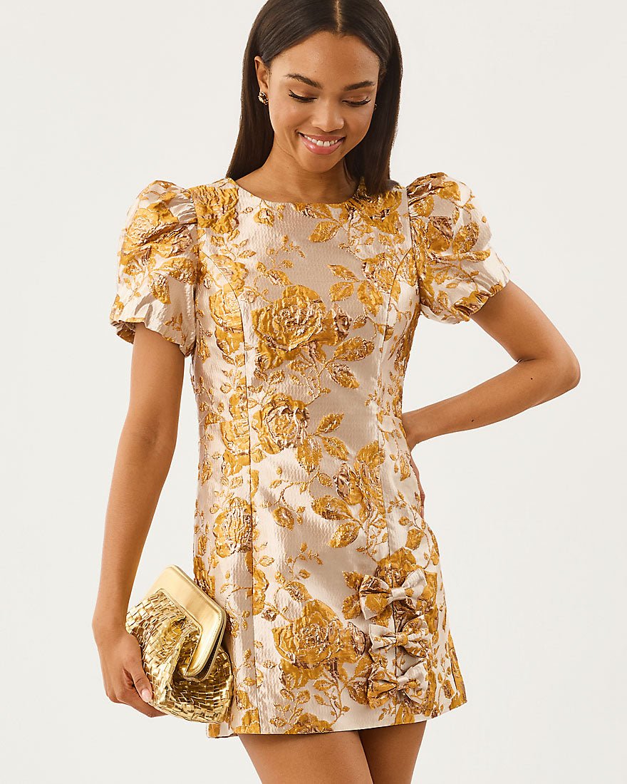 Lilly Pulitzer - Lala Skirted Romper - Begonia Gold In Full Bloom Metallic Brocade