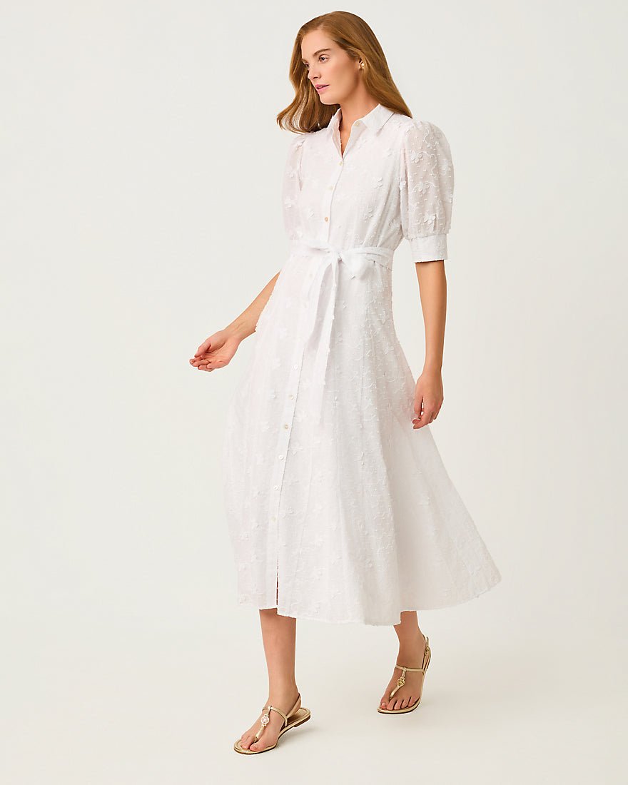 Lilly Pulitzer - Larkyn Midi Shirtdress - Resort White Monarch Embroidered Cotton Swiss Dot