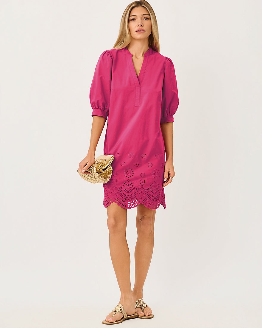 Lilly Pulitzer - Mialeigh Elbow Sleeve Dress - Berry Bouquet Scalloped Eyelet Border Poplin