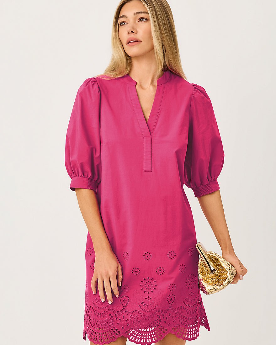 Lilly Pulitzer - Mialeigh Elbow Sleeve Dress - Berry Bouquet Scalloped Eyelet Border Poplin