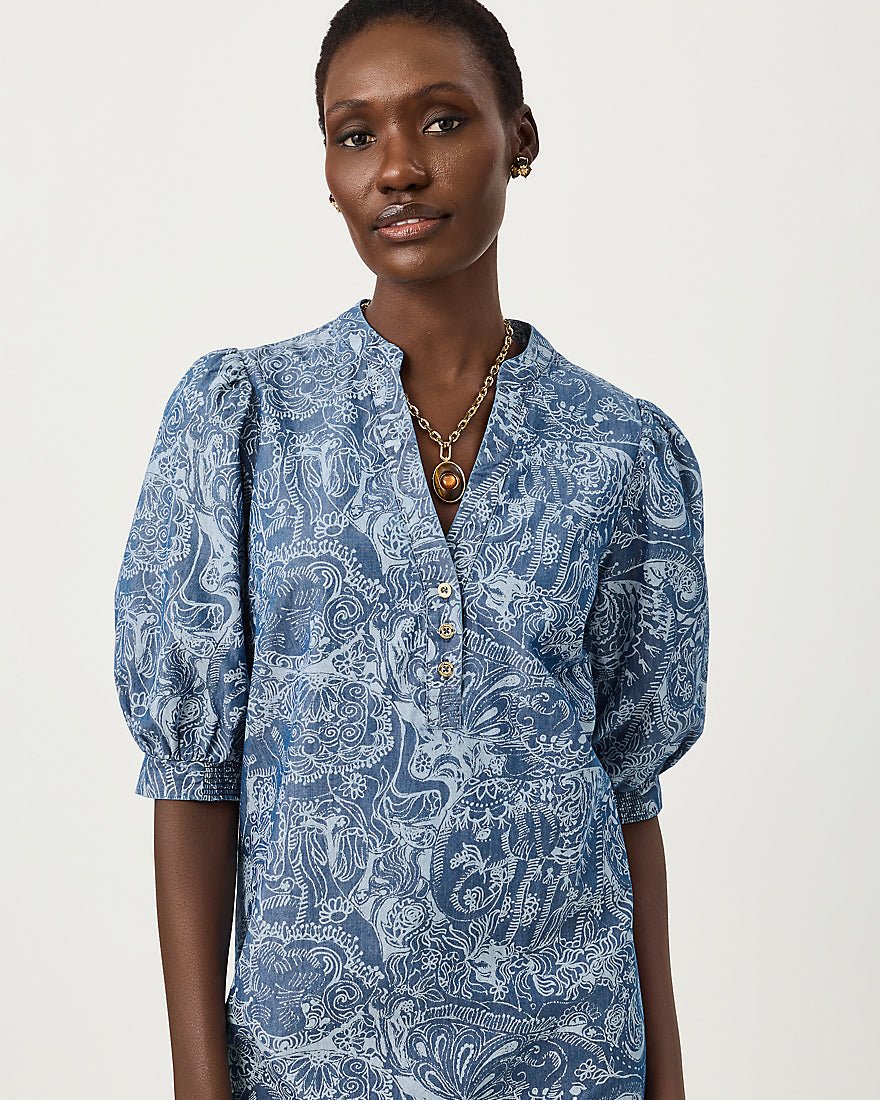 Lilly Pulitzer - Mialeigh Elbow Sleeve Dress - Indigo All Day Chambray Paisley Parade Pigment